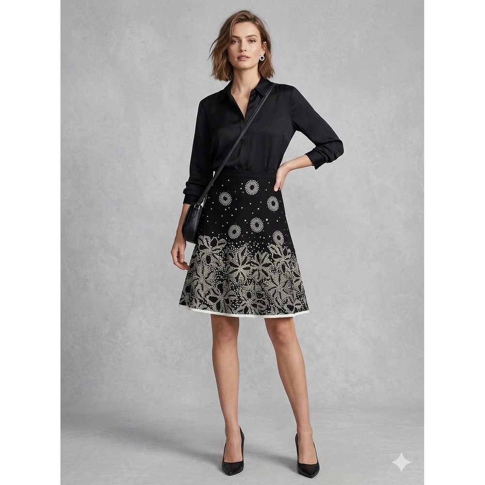 Carole Little Black White Floral Dot Rayon A-Line Skirt Sz 6 VTG wearable art